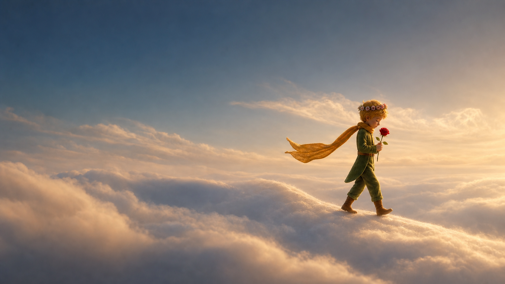 The Little Prince walking through a vast world of clouds